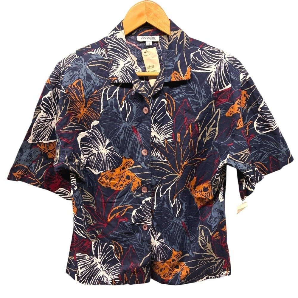 Depeche Mode Tropical Short Sleeve Shirt Blouse Womens 12 Blue Hawaiian Vintage